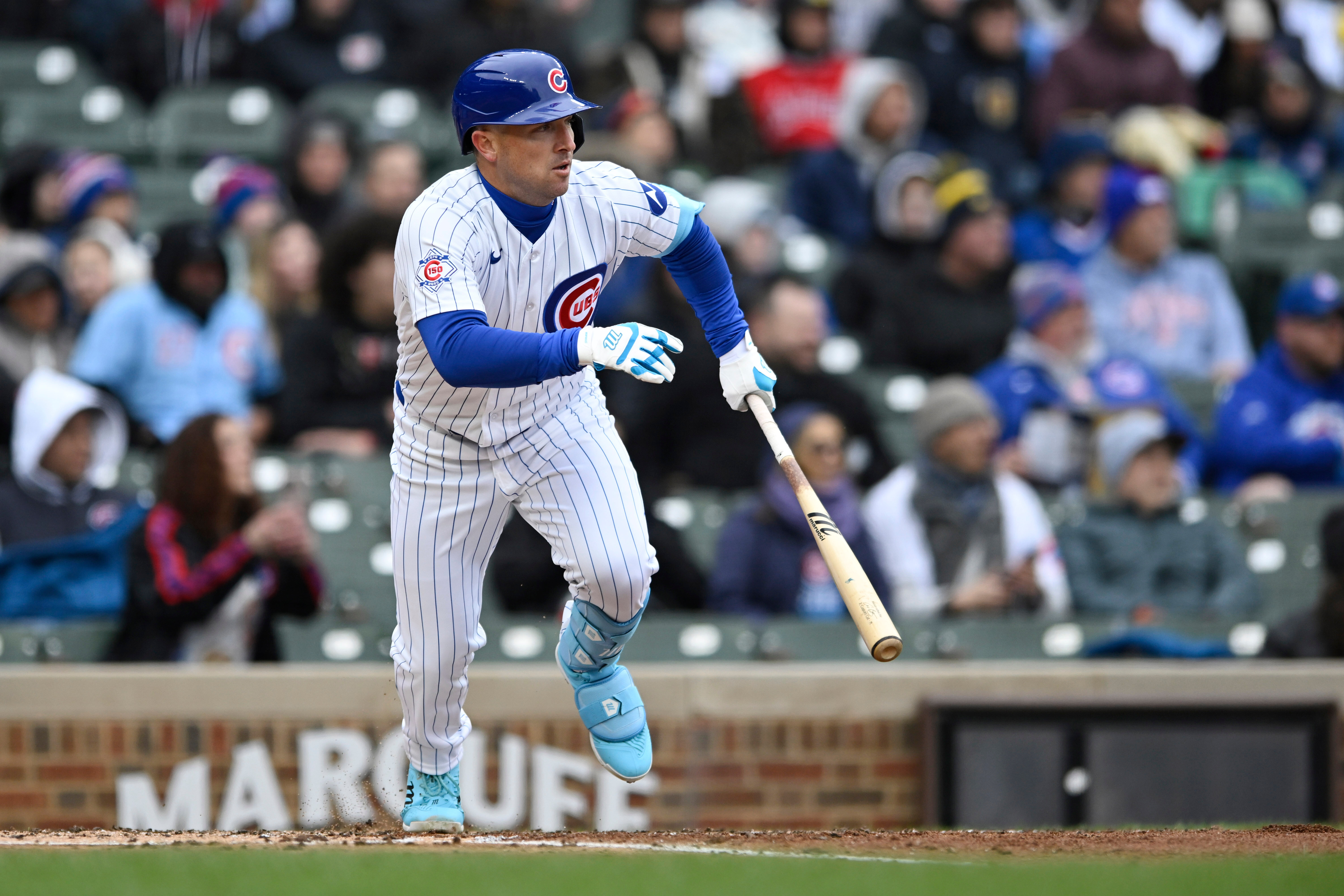 The Chicago Cubs’ Alex Bregman begins to run after hitting...