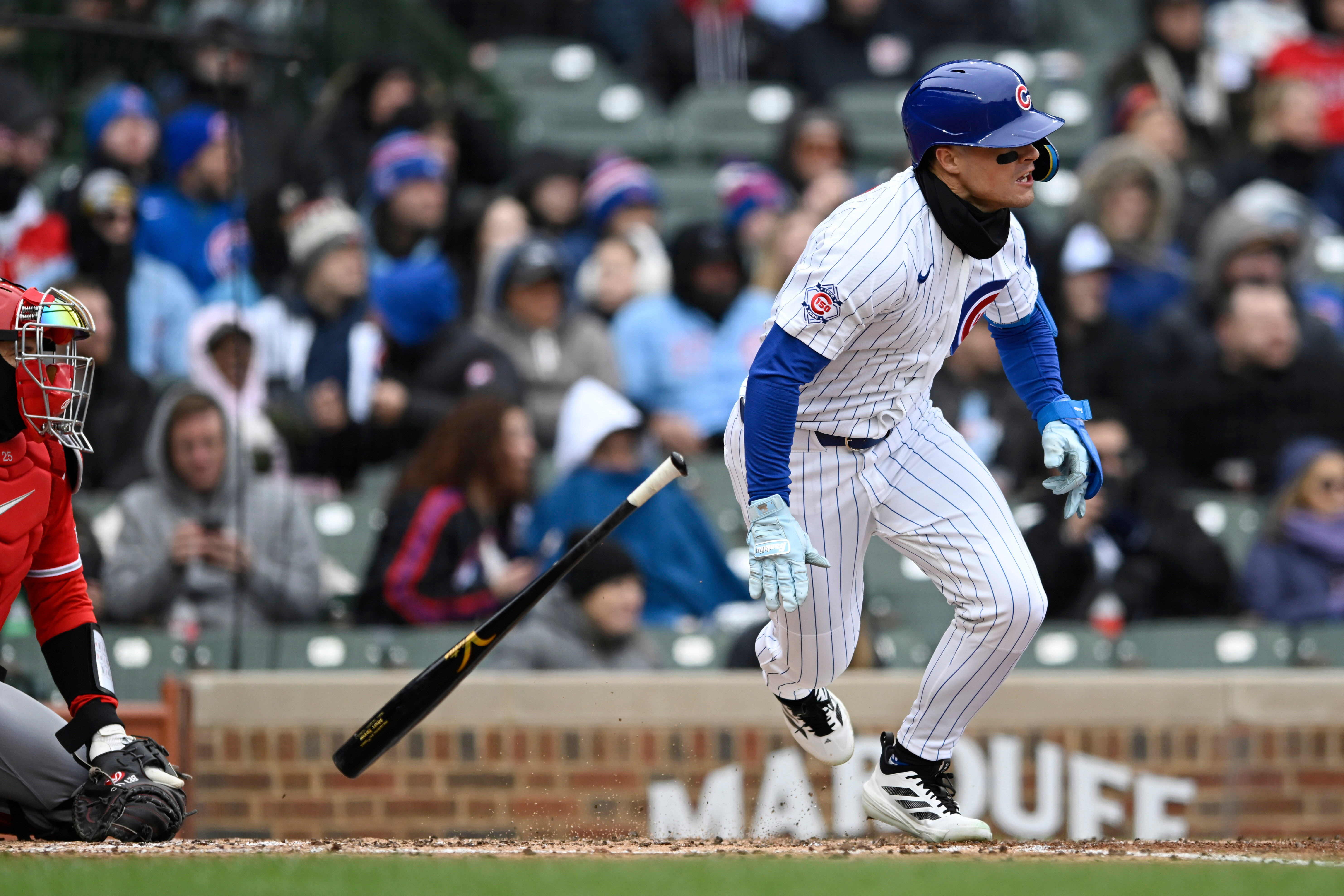 The Chicago Cubs’ Matt Shaw begins to run after hitting...