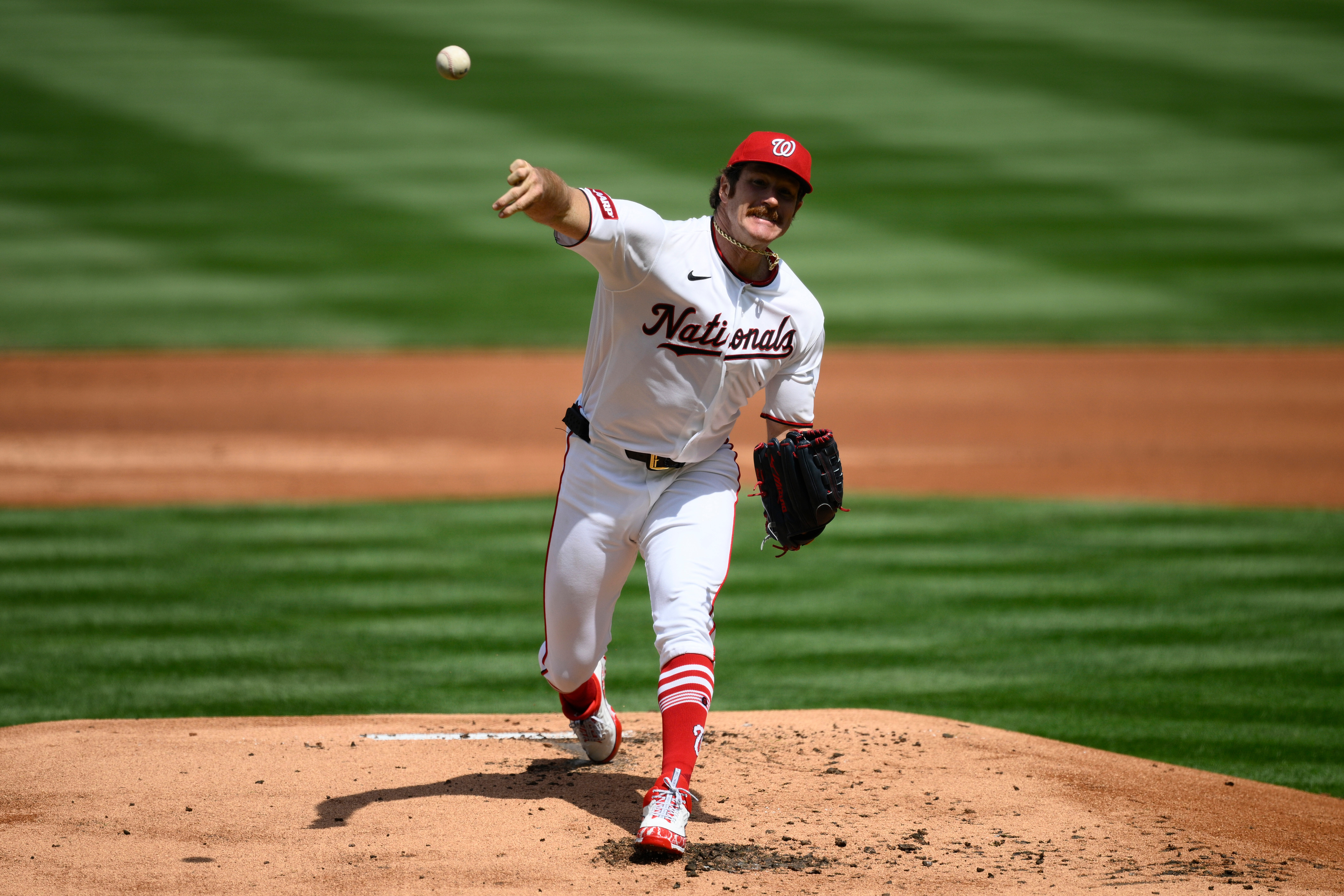 Washington Nationals starting pitcher Miles Mikolas throws during the second...
