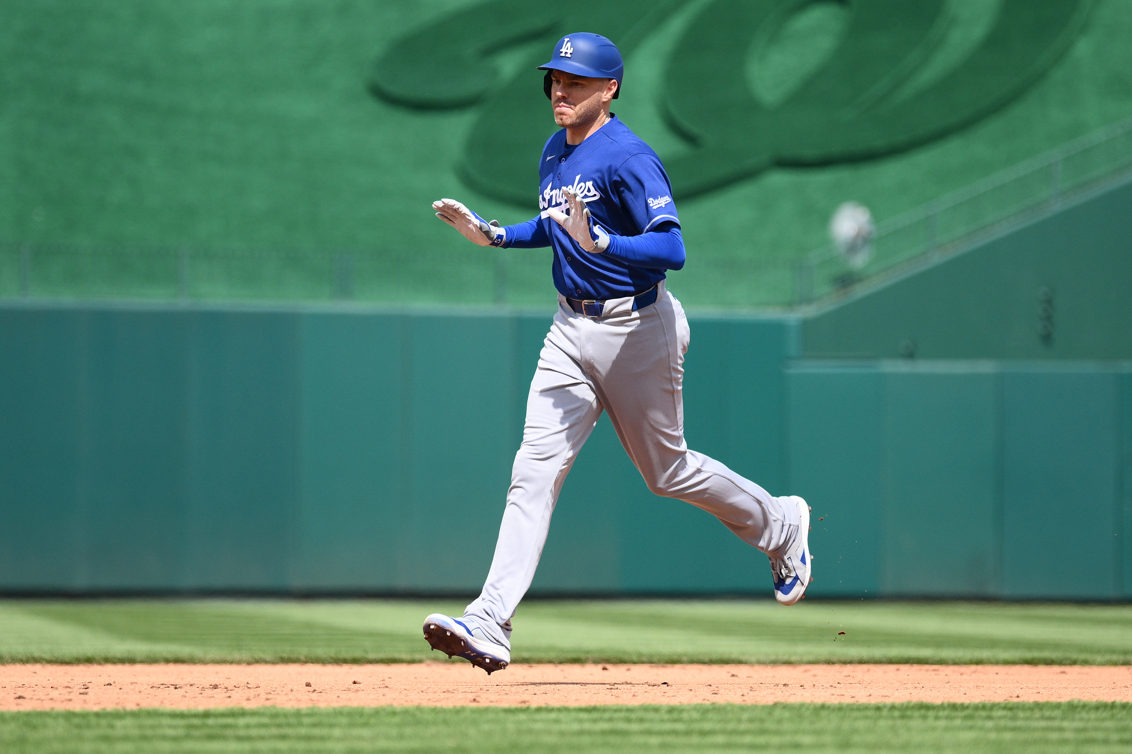 The Dodgers’ Freddie Freeman celebrates his two-run home run with...