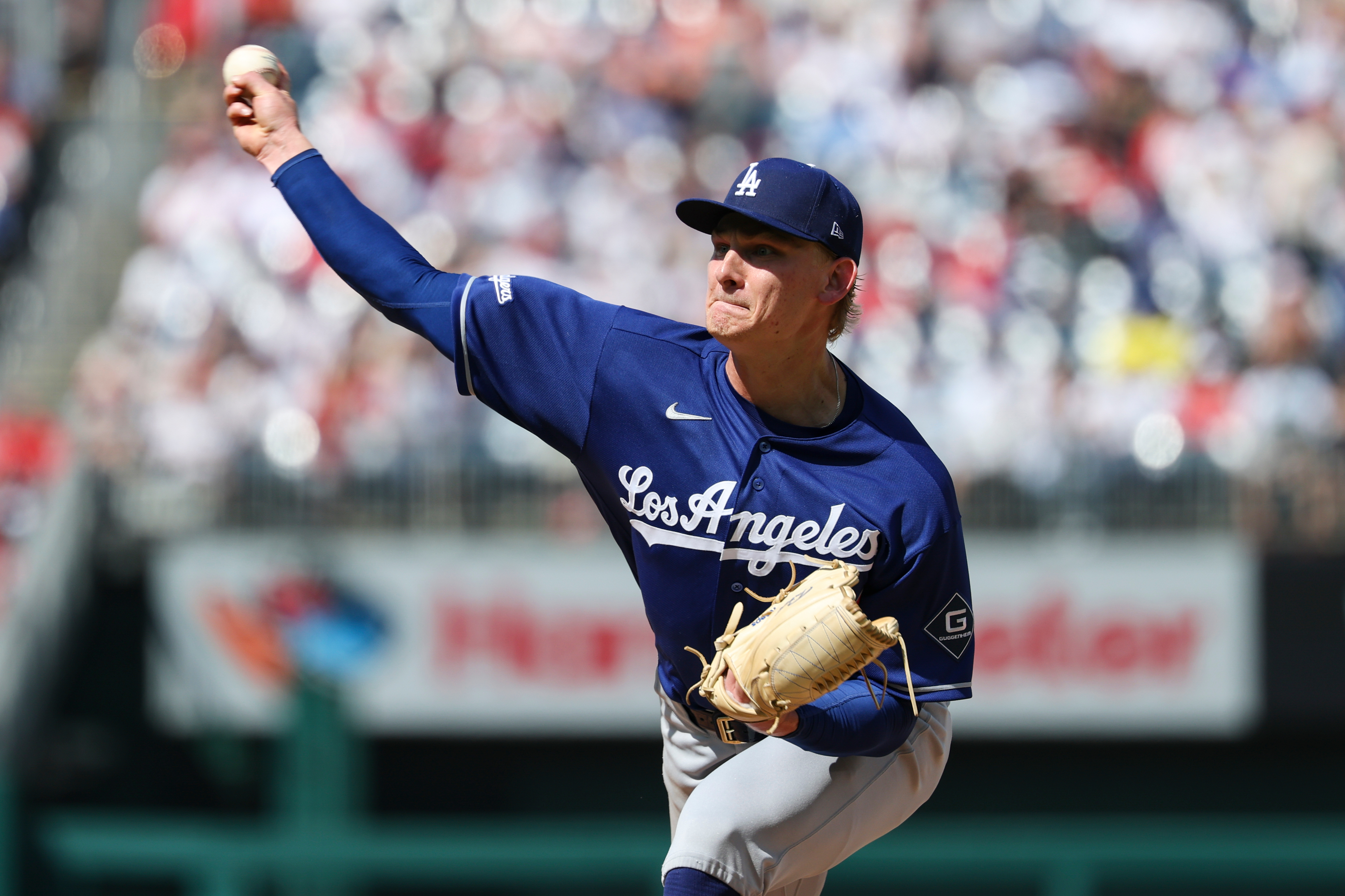 Dodgers starting pitcher Emmet Sheehan throws to the plate during...