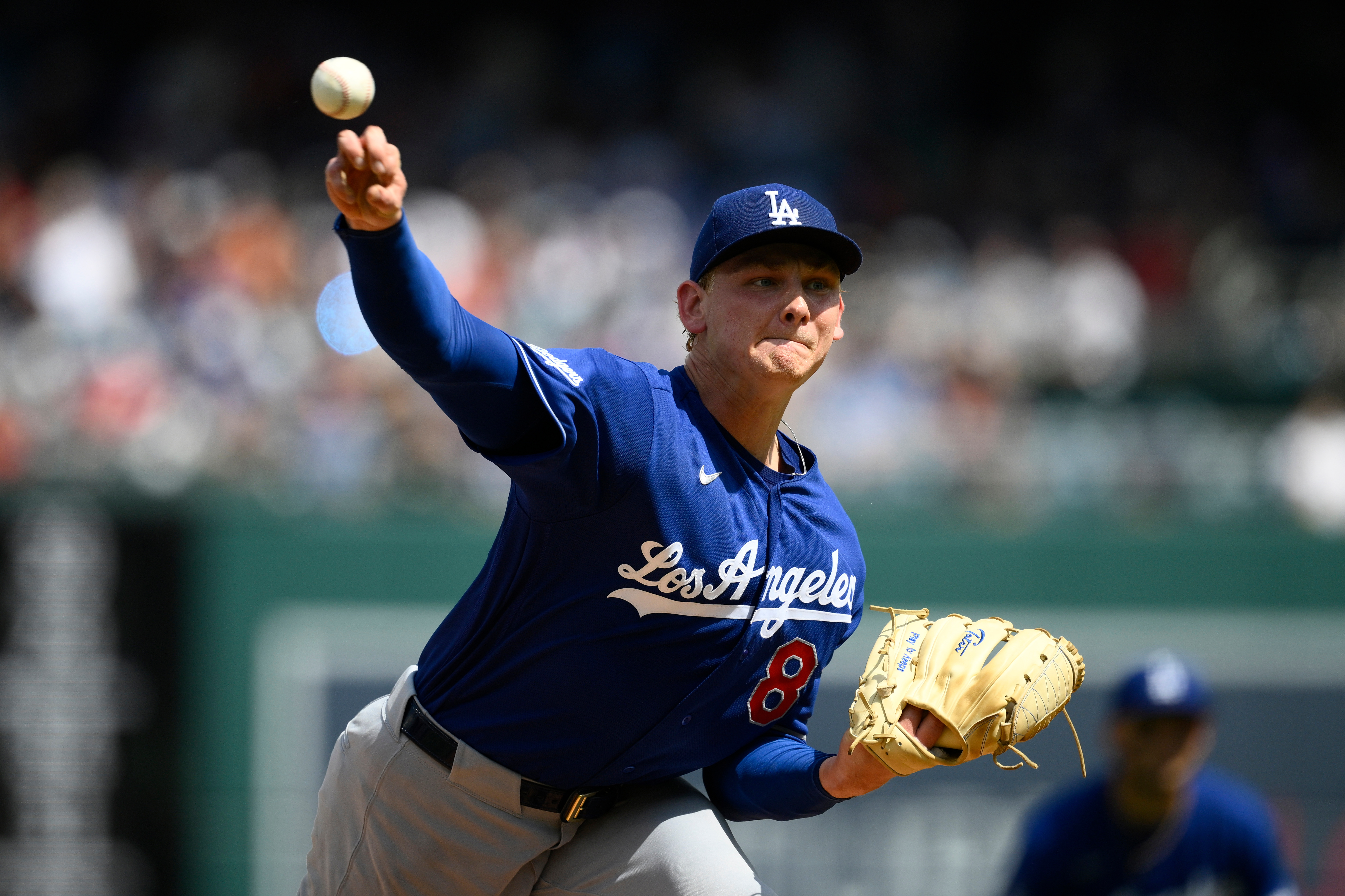 Dodgers starting pitcher Emmet Sheehan throws to the plate during...