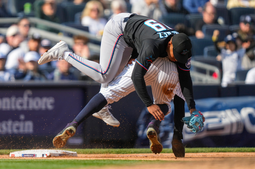Miami Marlins Leo Jimenez tags out Yankees Trent Grisham, April 3 2026