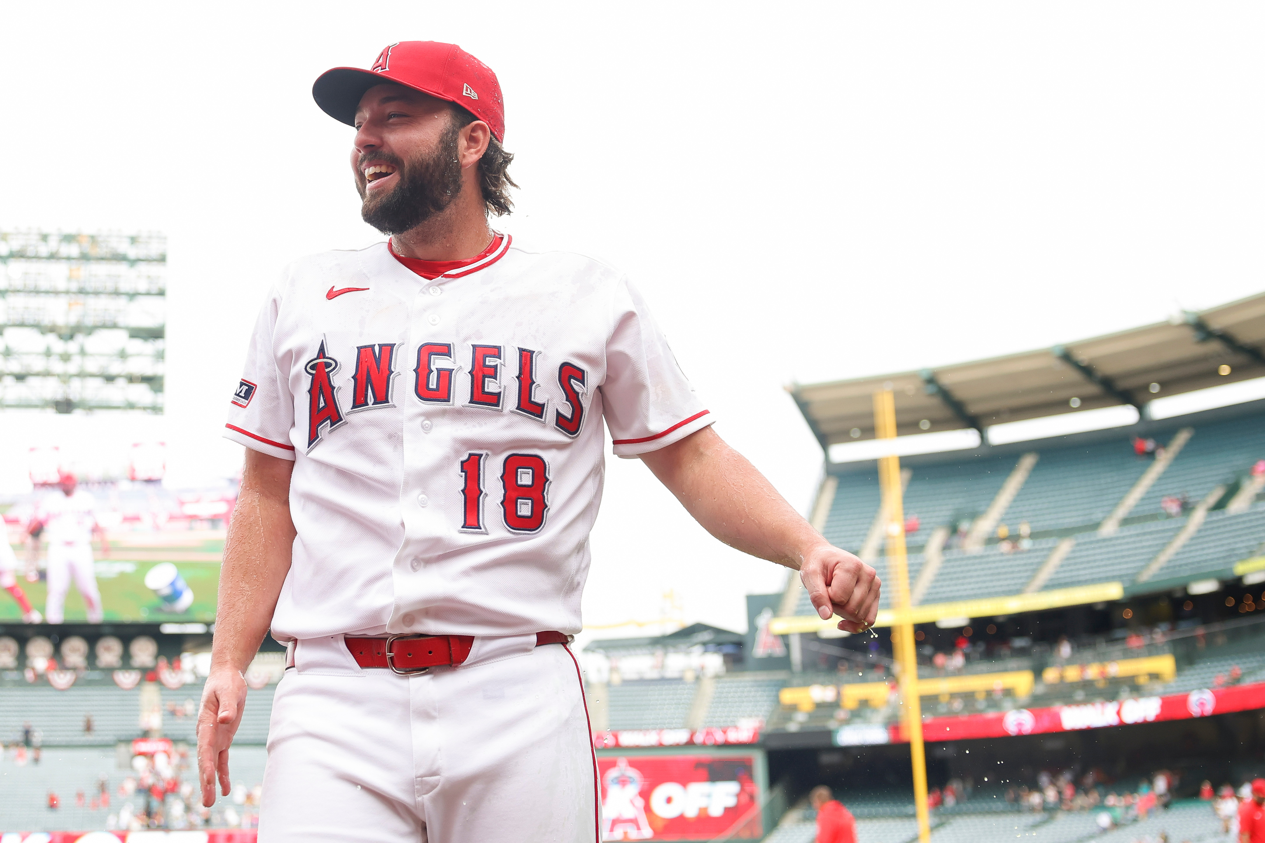 Angels’ Nolan Schanuel (18) reacts after the Angels defeated the...