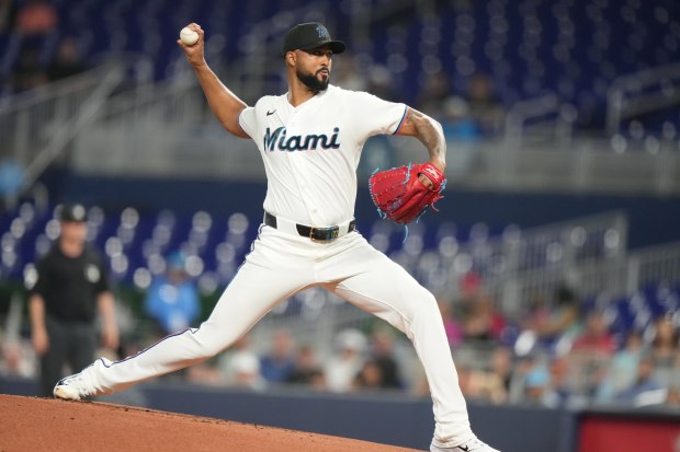 Miami Marlins starting pitcher Sandy Alcantara throws during the first inning of a baseball game against the Cincinnati Reds, Tuesday, April 7, 2026, in Miami. (AP Photo/Lynne Sladky)