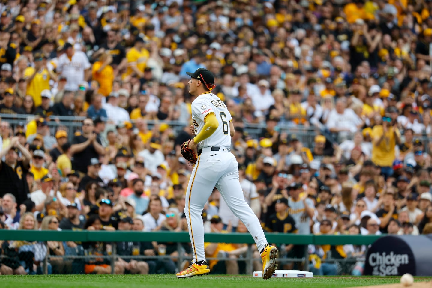 Konnor Griffin started at shortstop and hit an RBI double in his first career at-bat for the Pirates on Friday.