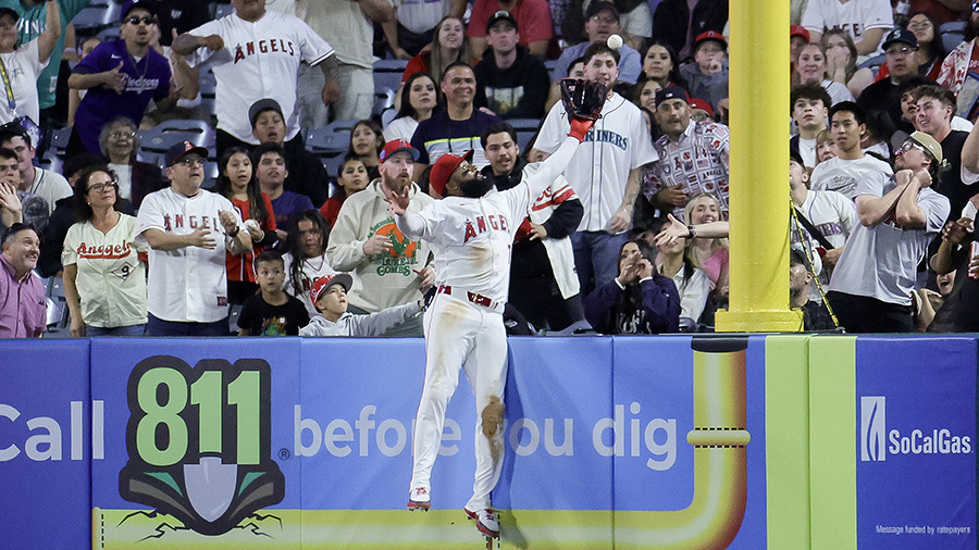 Angels Jo Adell home run robbery right-field wall Seattle Mariners 2026...
