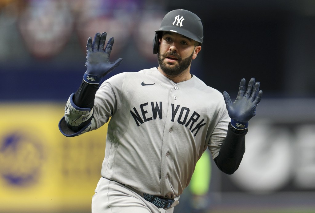 Austin Wells celebrates after hitting a solo home run in the second inning of the Yankees' 5-4, 10-inning loss to the Rays on April 11, 2026.