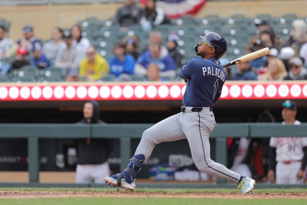 Richie Palacios of the Tampa Bay Rays hits the game-winning homer against the Minnesota Twins on Sunday, April 5, 2026.