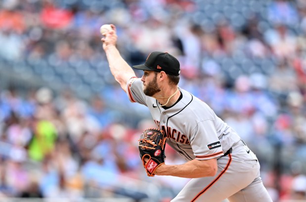 Adrian Houser #12 of the San Francisco Giants pitches in the first inning against the Washington Nationals at Nationals Park on April 18, 2026 in Washington, DC. (Photo by Greg Fiume/Getty Images)