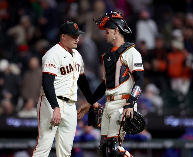 San Francisco Giants catcher Daniel Susac #6 congratulates relief pitcher Blade Tidwell #46 after their 7-2 MLB win against the New York Mets at Oracle Park in San Francisco, Calif., on Thursday, April 2, 2026. (Jane Tyska/Bay Area News Group)