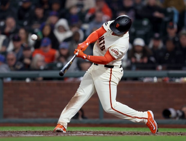 San Francisco Giants designated hitter Rafael Devers #16 hits a solo home run off New York Mets relief pitcher Sean Manaea #59 in the sixth inning of their MLB game at Oracle Park in San Francisco, Calif., on Thursday, April 2, 2026. It was his first home run of the season. (Jane Tyska/Bay Area News Group)