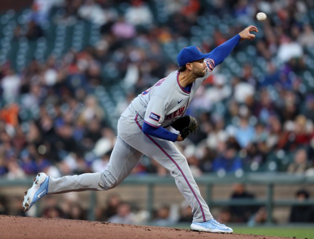 New York Mets starting pitcher David Peterson #23 throws against the San Francisco Giants in the first inning of their MLB game at Oracle Park in San Francisco, Calif., on Thursday, April 2, 2026. (Jane Tyska/Bay Area News Group)