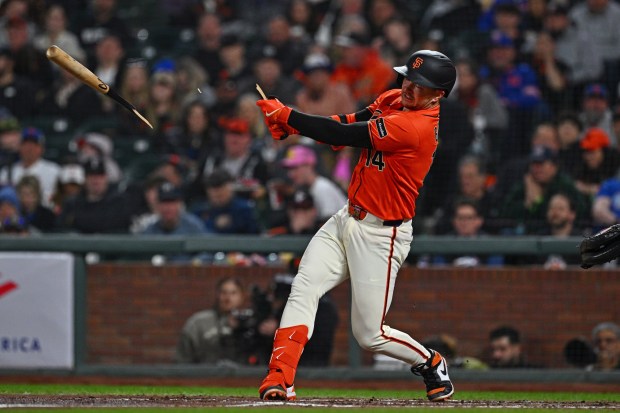San Francisco Giants catcher Patrick Bailey (14) breaks his bat in the third inning of their game at Oracle Park in San Francisco, Calif., on Friday, April 3, 2026. (Jose Carlos Fajardo/Bay Area News Group)