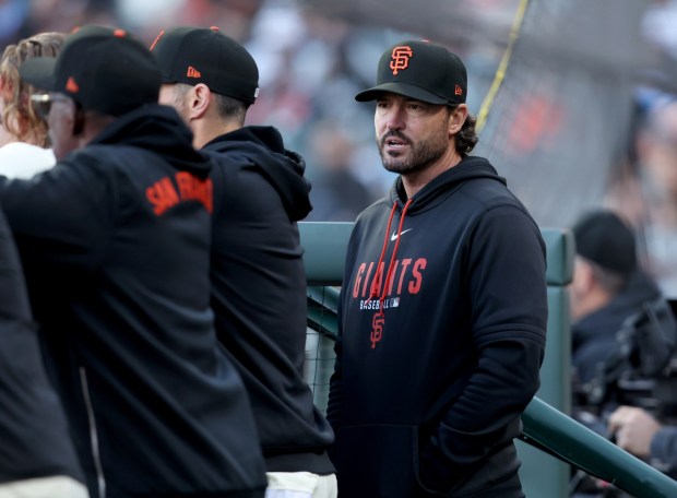 San Francisco Giants manager Tony Vitello watches from the dugout in the first inning of their game against the Philadelphia Phillies at Oracle Park in San Francisco, Calif., on Monday, April 6, 2026. (Jane Tyska/Bay Area News Group)