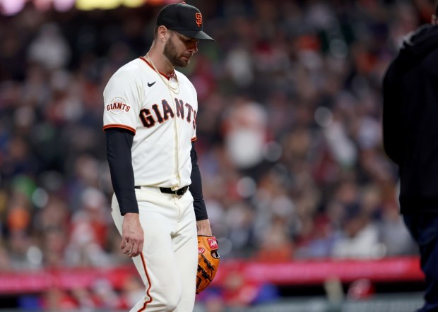 San Francisco Giants relief pitcher Ryan Borucki #47 is taken out of the game after giving up three runs in the seventh inning of their game against the Philadelphia Phillies at Oracle Park in San Francisco, Calif., on Monday, April 6, 2026. (Jane Tyska/Bay Area News Group)