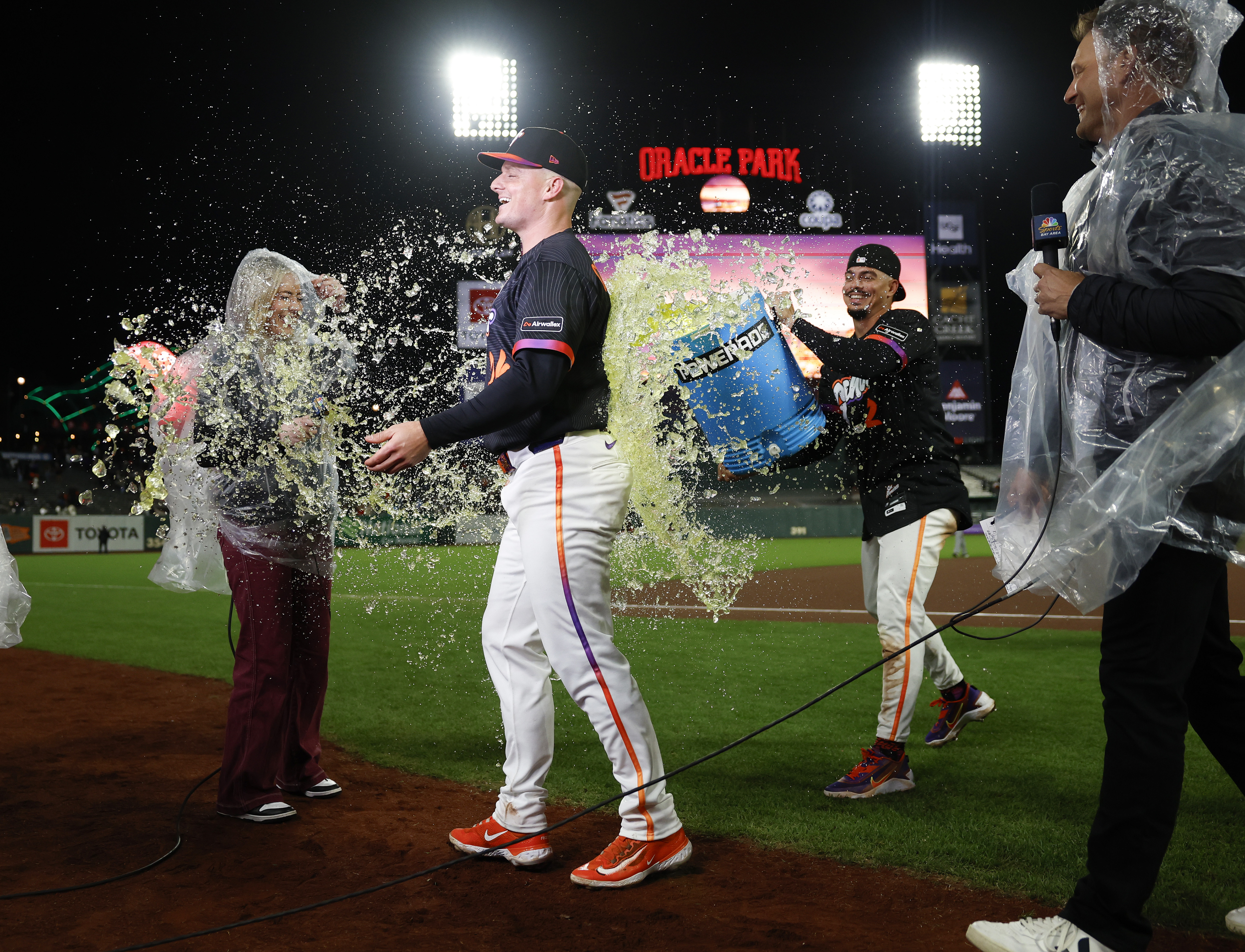 San Francisco Giants’ Matt Chapman (26) is doused with Gatorade...