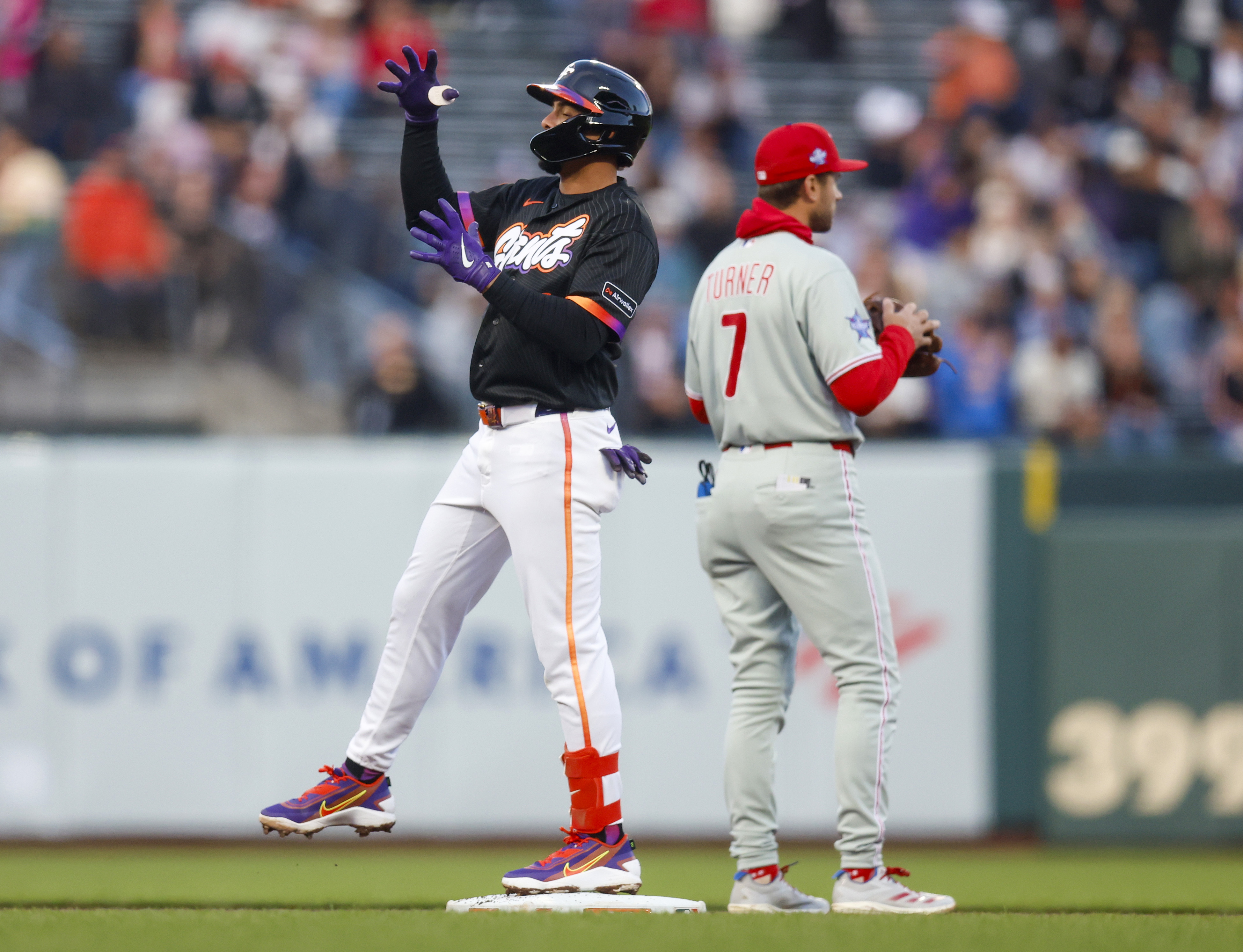 San Francisco Giants’ Willy Adames (2) celebrates his double against...