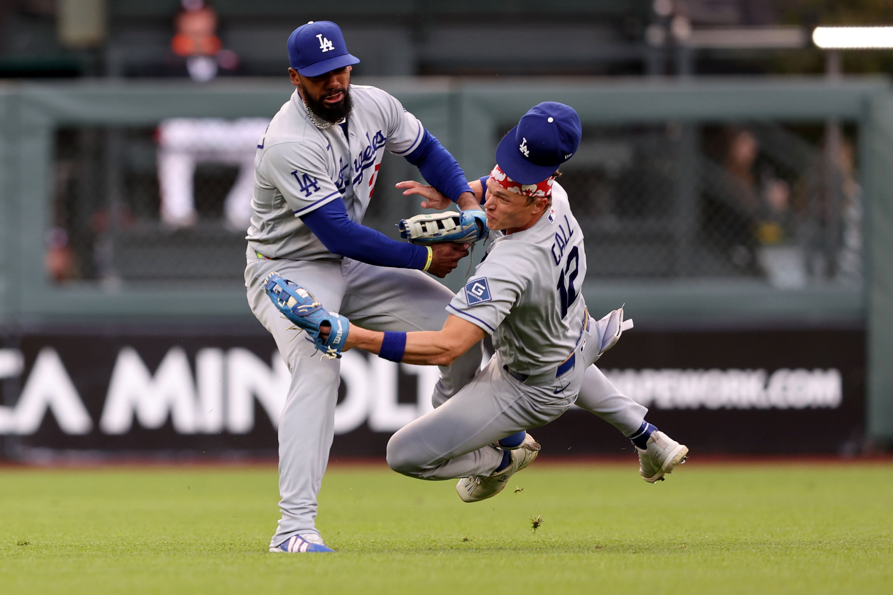 Los Angeles Dodgers’s Alex Call (12) makes a catch for...