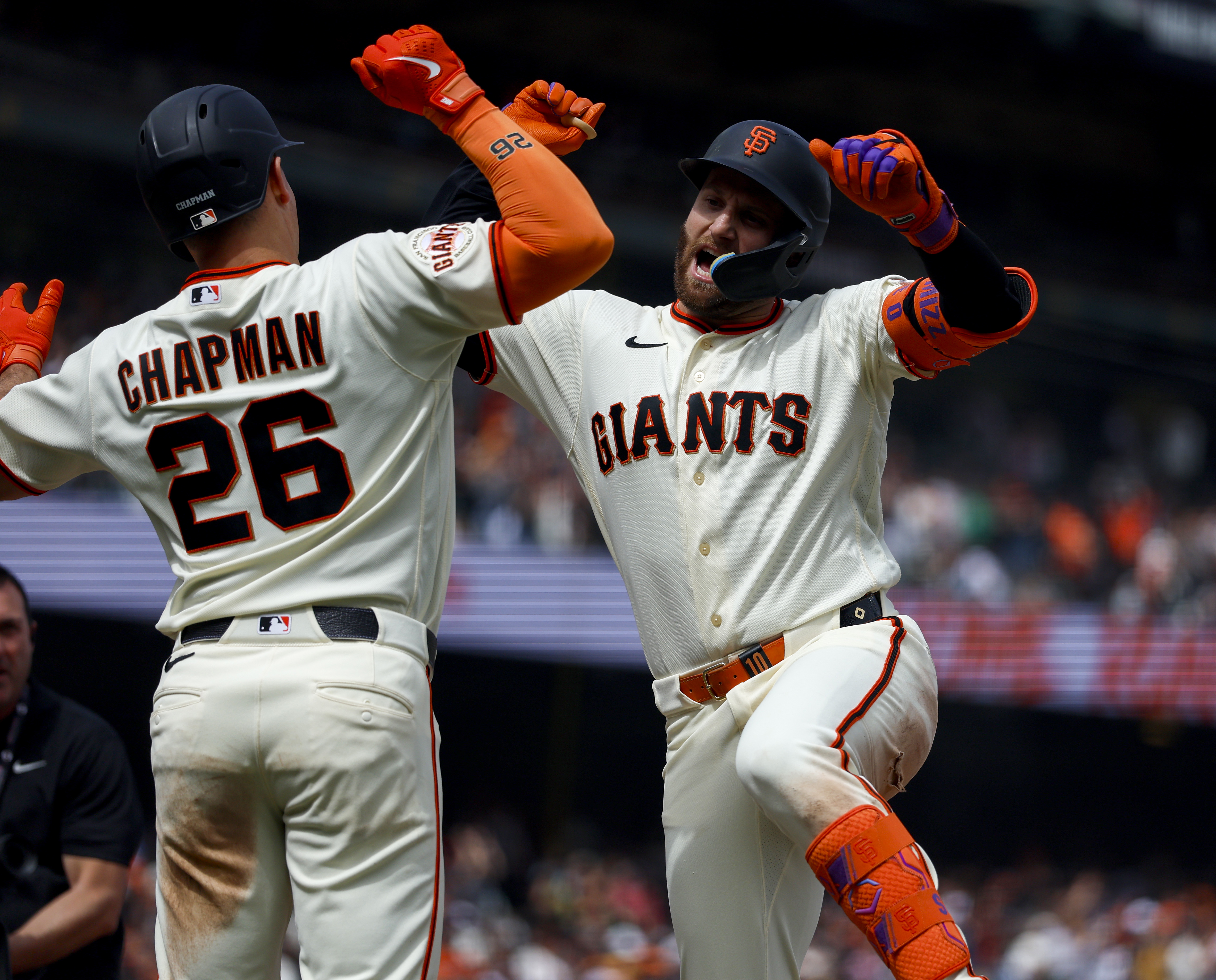 San Francisco Giants’ Casey Schmitt (10) celebrates his three-run home...