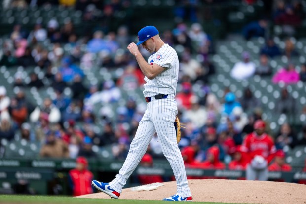 Chicago Cubs pitcher Matthew Boyd tips his hat after striking out a batter during the first inning of a game against the Los Angeles Angels at Wrigley Field in Chicago on Wednesday, April 1, 2026. (Josh Boland/Chicago Tribune)