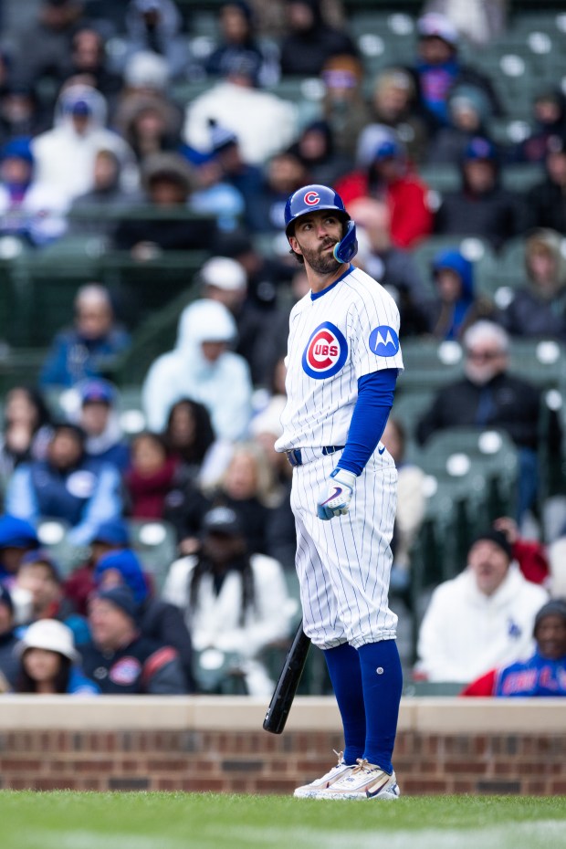 Chicago Cubs shortstop Dansby Swanson looks into the stands before stepping up to the plate during the first inning of a game against the Los Angeles Angels at Wrigley Field in Chicago on Wednesday, April 1, 2026. (Josh Boland/Chicago Tribune)