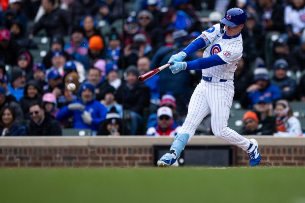 Chicago Cubs center fielder Pete Crow-Armstrong (4) swings at the ball during the second inning of a game against the Los Angeles Angels at Wrigley Field in Chicago on Wednesday, April 1, 2026. (Josh Boland/Chicago Tribune)