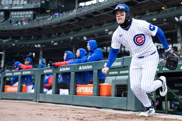Chicago Cubs third baseman Matt Shaw takes the field during the first inning of a game against the Los Angeles Angels at Wrigley Field in Chicago on Wednesday, April 1, 2026. (Josh Boland/Chicago Tribune)