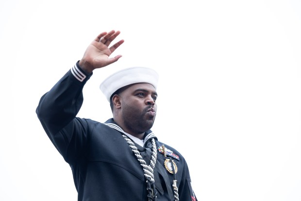 Dorsey Maurice-Cadette who served in the United States Navy is honored as the veteran of the game during the first inning of a game against the Los Angeles Angels at Wrigley Field in Chicago on Wednesday, April 1, 2026. (Josh Boland/Chicago Tribune)