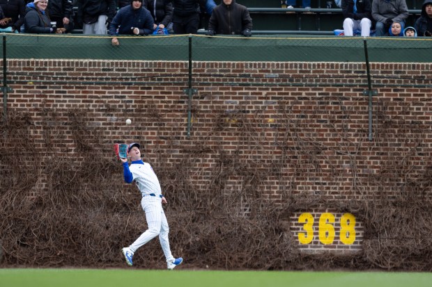Chicago Cubs center fielder Pete Crow-Armstrong catches a fly ball during the fifth inning of a game against the Los Angeles Angels at Wrigley Field in Chicago on Wednesday, April 1, 2026. (Josh Boland/Chicago Tribune)
