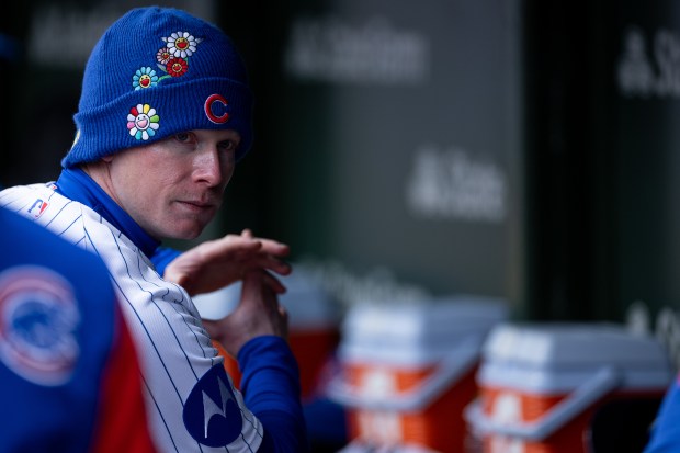 Chicago Cubs center fielder Pete Crow-Armstrong practices his swing in the dugout during the fifth inning of a game against the Los Angeles Angels at Wrigley Field in Chicago on Wednesday, April 1, 2026. (Josh Boland/Chicago Tribune)