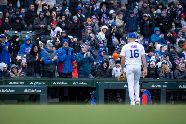 Chicago Cubs pitcher Matthew Boyd (16) walks off the pitching mound during the sixth inning of a game against the Los Angeles Angels at Wrigley Field in Chicago on Wednesday, April 1, 2026. (Josh Boland/Chicago Tribune)
