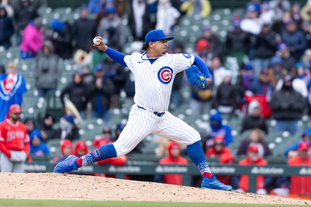 Chicago Cubs pitcher Daniel Palencia throws a pitch during the ninth inning of a game against the Los Angeles Angels at Wrigley Field in Chicago on Wednesday, April 1, 2026. (Josh Boland/Chicago Tribune)