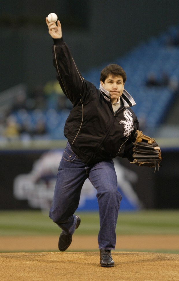 Illinios Gov. Rod Blagojevich throws out the first pitch at the Chicago White Sox home opener on April 4, 2003, in Chicago. (Ted S. Warren/AP)