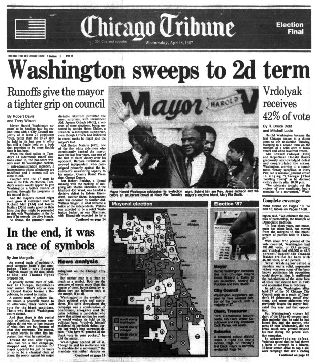 Chicago Mayor Harold Washington was reelected on April 7, 1987. (Chicago Tribune)