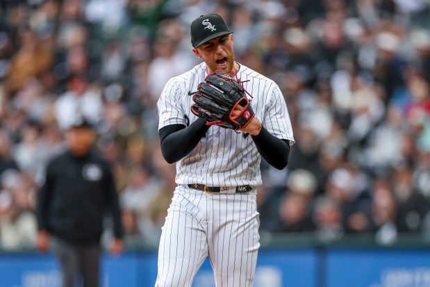 Chicago White Sox starting pitcher Michael Kopech (34) yells after San Francisco Giants third baseman David Villar (32) hit a homer for the fourth run in the fifth inning during the White Sox home opener at Guaranteed Rate Field on April 3, 2023, in Chicago. (Armando L. Sanchez/Chicago Tribune)