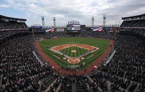 The opening ceremony concludes for the Chicago White Sox home opener against the Seattle Mariners at Guaranteed Rate Field on April 12, 2022, in Chicago. (John J. Kim/Chicago Tribune)