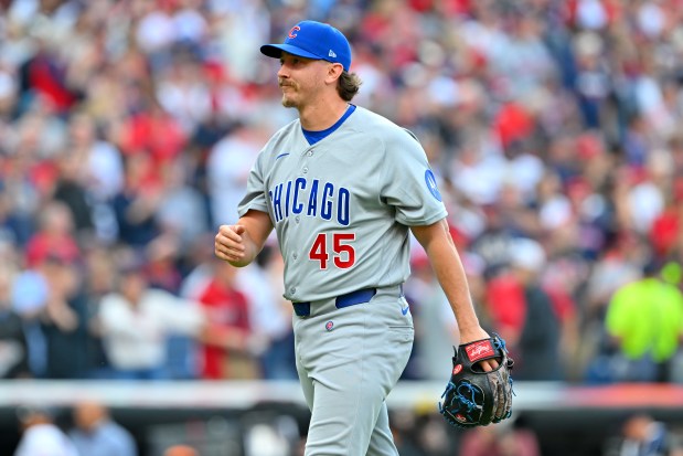 Cubs reliever Hunter Harvey reacts as he leaves the game after giving up a two-run home run during the seventh inning against the Guardians on April 3, 2026, in Cleveland. (Jason Miller/Getty Images)