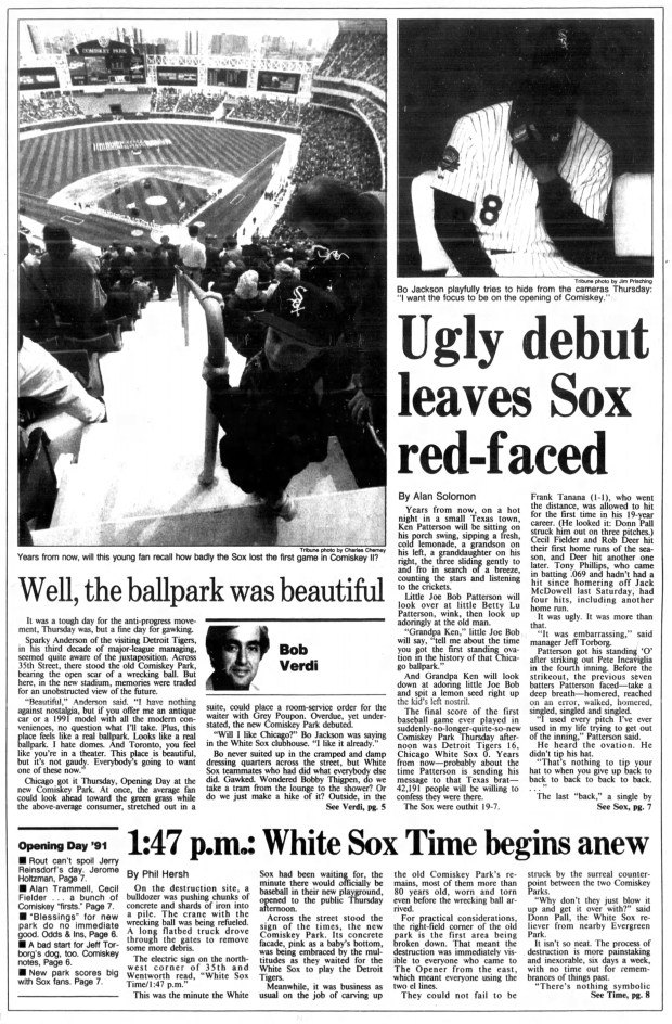 "The first game seemed to take as long as it took to build the stadium," Tribune reporter Ed Sherman wrote after the new Comiskey Park (also called Comiskey Park II) hosted its first professional baseball game. The Chicago White Sox lost on April 18, 1991, to the Detroit Tigers 16-0. (Chicago Tribune)