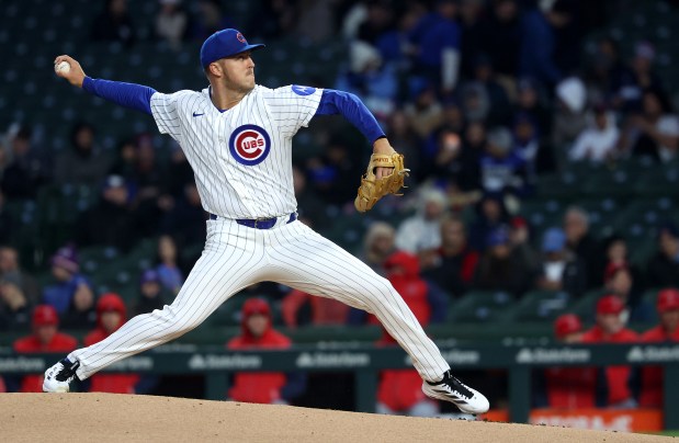 Chicago Cubs starting pitcher Jameson Taillon (50) delivers to the Los Angeles Angels in the second inning of a game at Wrigley Field in Chicago on March 31, 2026. (Chris Sweda/Chicago Tribune)