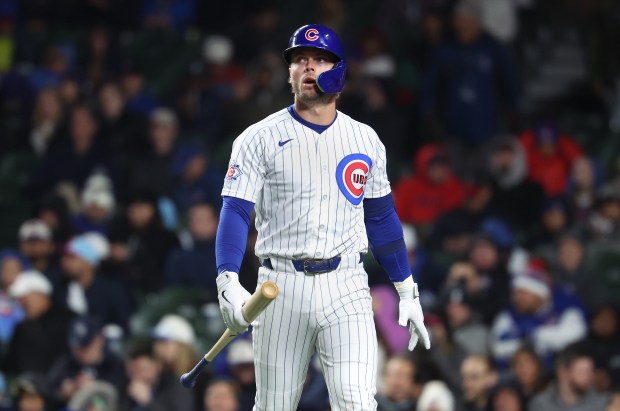 Chicago Cubs second baseman Nico Hoerner (2) walks back to the dugout after striking out in the fourth inning of a game against the Los Angeles Angels at Wrigley Field in Chicago on March 31, 2026. (Chris Sweda/Chicago Tribune)