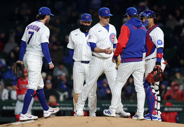 Chicago Cubs relief pitcher Phil Maton is pulled from the game in the sixth inning against the Los Angeles Angels at Wrigley Field in Chicago on March 31, 2026. (Chris Sweda/Chicago Tribune)