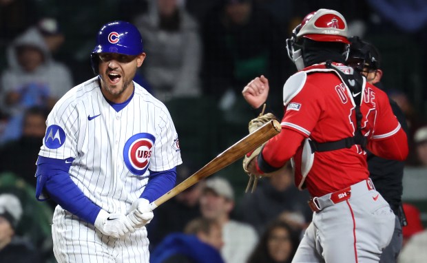 Chicago Cubs pinch hitter Michael Conforto reacts after striking out to end the game in the ninth inning against the Los Angeles Angels at Wrigley Field in Chicago on March 31, 2026. (Chris Sweda/Chicago Tribune)
