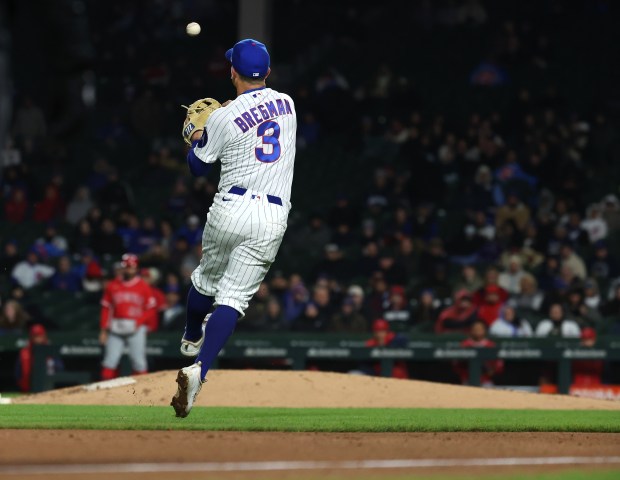 Chicago Cubs third baseman Alex Bregman throws to first base on a groundout by Los Angeles Angels first baseman Nolan Schanuel in the seventh inning of a game at Wrigley Field in Chicago on March 31, 2026. (Chris Sweda/Chicago Tribune)