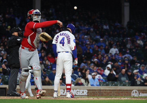 Chicago Cubs center fielder Pete Crow-Armstrong (4) stands at home plate after striking out to end the first inning of a game against the Los Angeles Angels at Wrigley Field in Chicago on March 31, 2026. (Chris Sweda/Chicago Tribune)