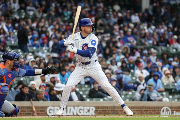 Cubs second baseman Nico Hoerner (2) stands at the plate during the first inning against the Mets at Wrigley Field April 19, 2026, in Chicago. (Armando L. Sanchez/Chicago Tribune)