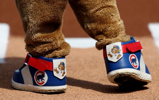 Chicago Cubs mascot Clark stands at home plate before the start of a game between the Cubs and the New York Mets at Wrigley Field in Chicago on April 17, 2026. (Chris Sweda/Chicago Tribune)