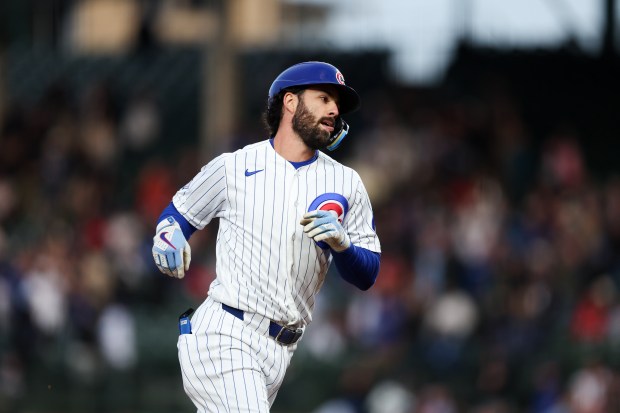 Cubs shortstop Dansby Swanson (7) runs the bases after hitting a three run homer during the second inning against the Phillies at Wrigley Field April 20, 2026, in Chicago. (Armando L. Sanchez/Chicago Tribune)