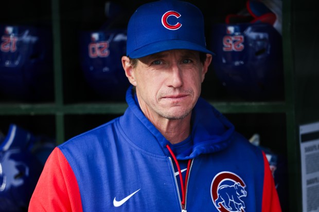Cubs manager Craig Counsell (11) walks in the dugout before the first inning against the Phillies at Wrigley Field April 20, 2026, in Chicago. (Armando L. Sanchez/Chicago Tribune)