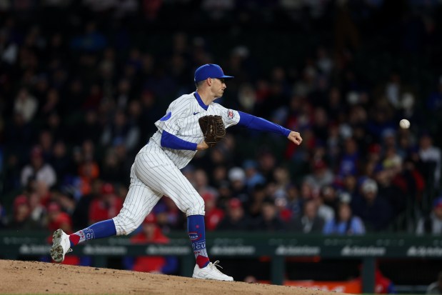 Cubs pitcher Hoby Milner (41) pitches during the seventh inning against the Phillies at Wrigley Field April 20, 2026, in Chicago. (Armando L. Sanchez/Chicago Tribune)